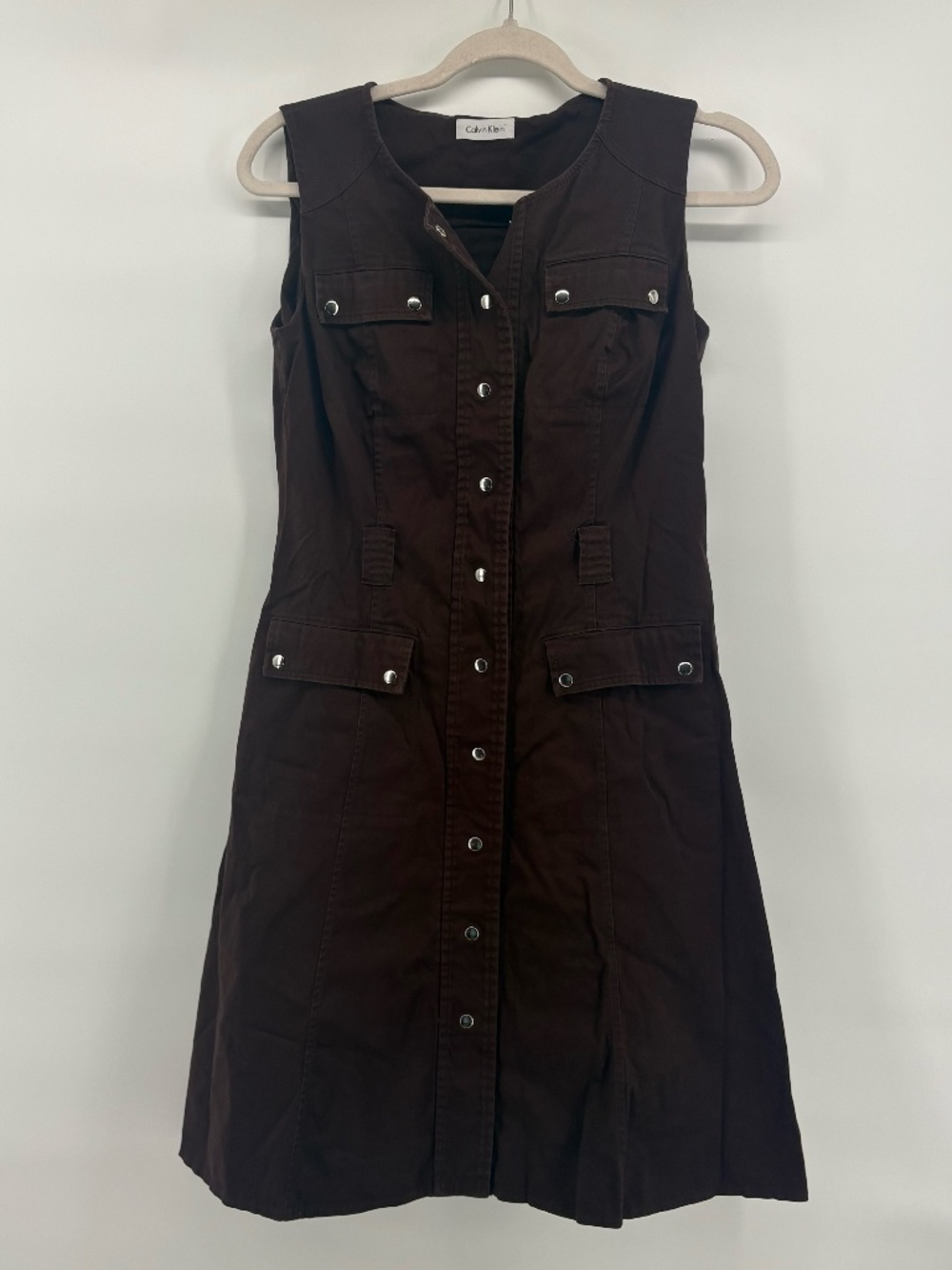 Calvin Klein brown lightweight denim knee length wide strapped tank dress